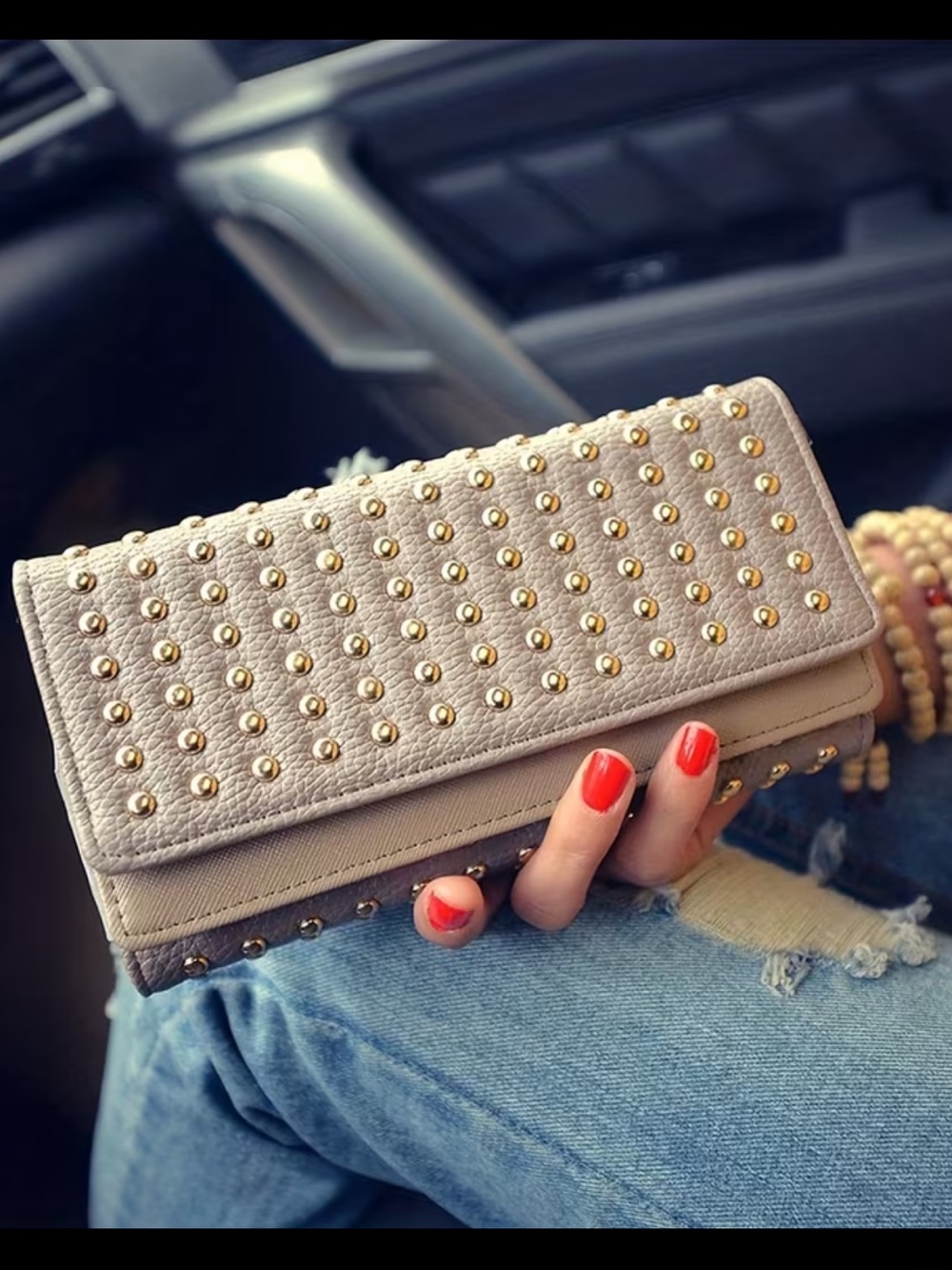 Affordable Fashion Finds Taupe Clutch with Gold Studs